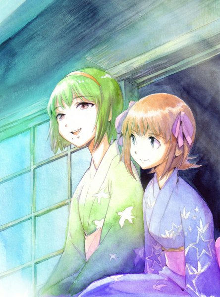 Anime picture 856x1156 with idolmaster amami haruka otonashi kotori hirokazu tall image fringe short hair open mouth smile brown hair sitting multiple girls looking away traditional clothes japanese clothes pink eyes green hair looking up animal print traditional media