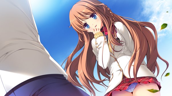 Anime picture 1920x1080 with melty moment orie yuuka long hair blush highres open mouth blue eyes light erotic brown hair wide image game cg pantyshot girl boy skirt uniform underwear panties school uniform leaf (leaves)