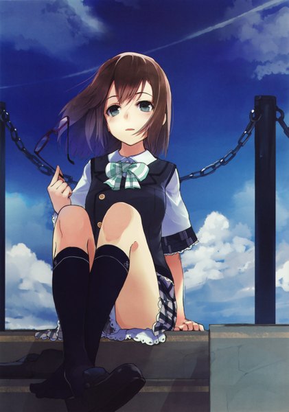 Anime picture 2132x3037 with original shirabi single tall image blush highres short hair open mouth blue eyes brown hair sitting holding cloud (clouds) scan pantyshot sitting holding eyewear girl uniform bow school uniform