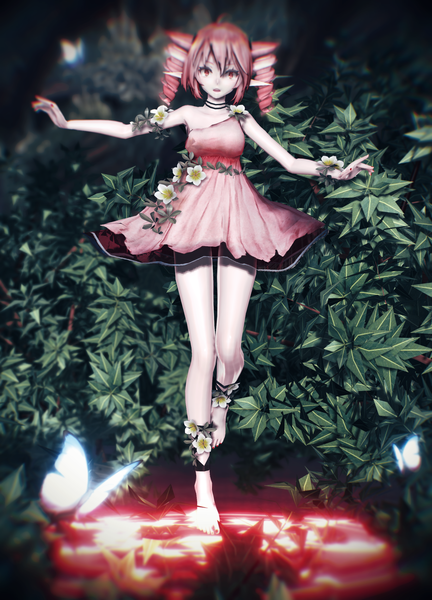 Anime picture 1800x2500 with utau kasane teto nastyasizaya single tall image fringe highres short hair open mouth red eyes twintails bent knee (knees) red hair nail polish fingernails pointy ears alternate costume drill hair elf glow