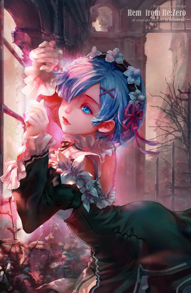 Anime picture 1114x1714 with re:zero kara hajimeru isekai seikatsu white fox rem (re:zero) antilous (anti) single tall image fringe short hair blue eyes bare shoulders signed blue hair looking away lips sunlight hair over one eye maid copyright name character names evening