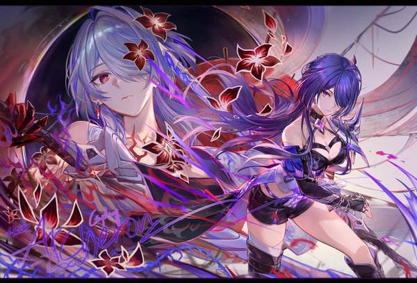 Anime picture 1622x1100 with honkai: star rail honkai (series) acheron (honkai: star rail) csyday long hair looking at viewer fringe breasts red eyes purple eyes cleavage silver hair purple hair hair over one eye character names tears letterboxed multiview girl flower (flowers)
