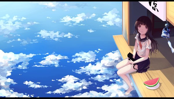 Anime picture 1600x914 with original .l.l single long hair looking at viewer black hair wide image sitting purple eyes sky cloud (clouds) barefoot bare legs girl skirt uniform animal serafuku food cat