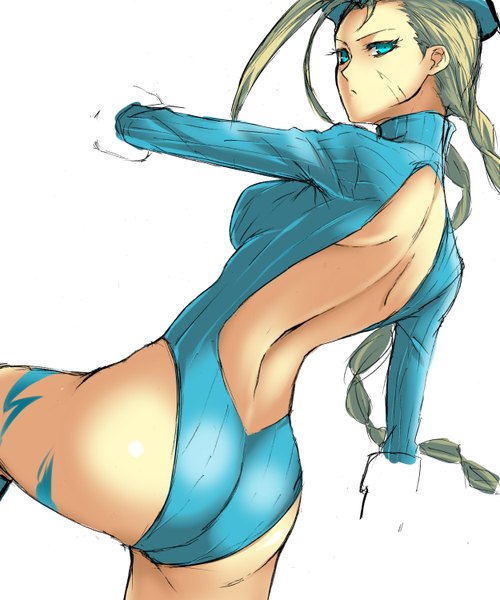 Anime picture 2500x3000 with street fighter cammy white pizaya single long hair tall image looking at viewer highres breasts light erotic blonde hair twintails ass braid (braids) aqua eyes back bare back sketch girl headdress