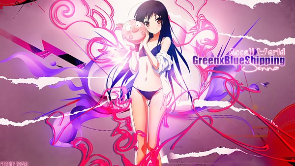 Anime picture 2560x1440 with accel world sunrise (studio) kuroyukihime arita haruyuki xxajisaixx long hair looking at viewer blush highres light erotic black hair smile wide image standing holding brown eyes ahoge wallpaper copyright name underwear only