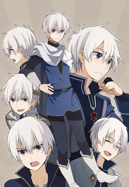 Anime picture 692x1000 with akagami no shirayukihime studio bones zen wistalia (akagami no shirayukihime) takerusilt tall image looking at viewer blush fringe short hair open mouth blue eyes hair between eyes looking away white hair eyes closed profile grey background hand on hip multiple persona boy