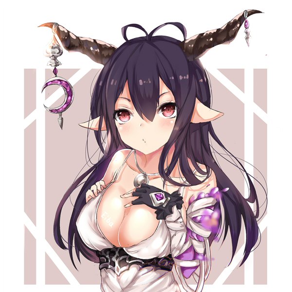 Anime picture 900x900 with granblue fantasy danua eiba single long hair blush fringe breasts light erotic black hair simple background hair between eyes red eyes large breasts looking away upper body ahoge horn (horns) pointy ears draph