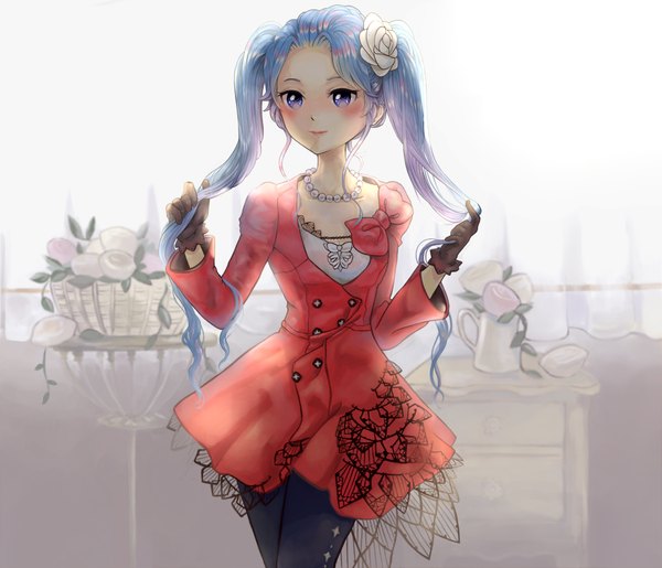 Anime picture 1000x859 with vocaloid hatsune miku kida (zakuroishi) single long hair twintails purple eyes blue hair girl dress gloves flower (flowers) bow beads