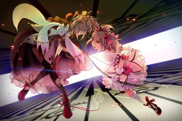 Anime picture 2500x1668 with mahou shoujo madoka magica shaft (studio) kaname madoka kyuubee kriemhild gretchen rem (artist) highres short hair open mouth smile red eyes twintails multiple girls holding pink hair tears short twintails face to face dual wielding magical girl