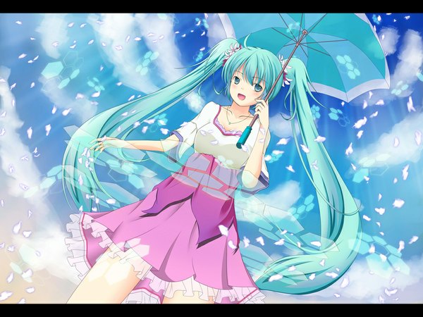 Anime picture 1000x750 with vocaloid melt (vocaloid) hatsune miku ahirun single open mouth twintails cloud (clouds) very long hair aqua eyes aqua hair letterboxed girl dress petals umbrella