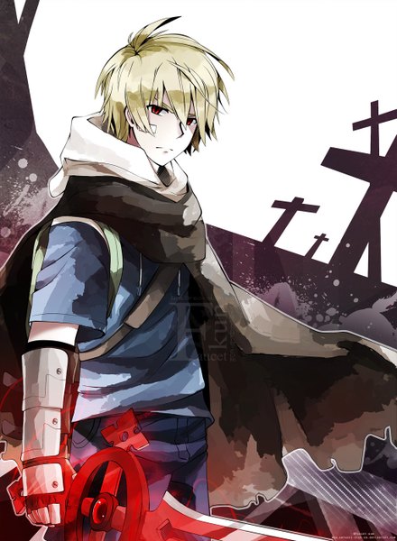 Anime picture 1024x1396 with adventure time finn the human hylian-of-ooo (artist) single tall image looking at viewer short hair simple background blonde hair red eyes white background pale skin silhouette bandaid on face sword armor hood cape cloak cross