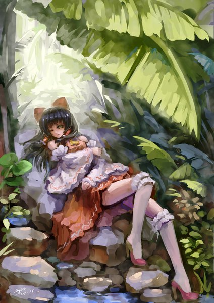 Anime picture 2480x3507 with touhou hakurei reimu myero (artist) single long hair tall image highres black hair yellow eyes one eye closed wink girl thighhighs dress bow plant (plants) hair bow detached sleeves white thighhighs leaf (leaves)