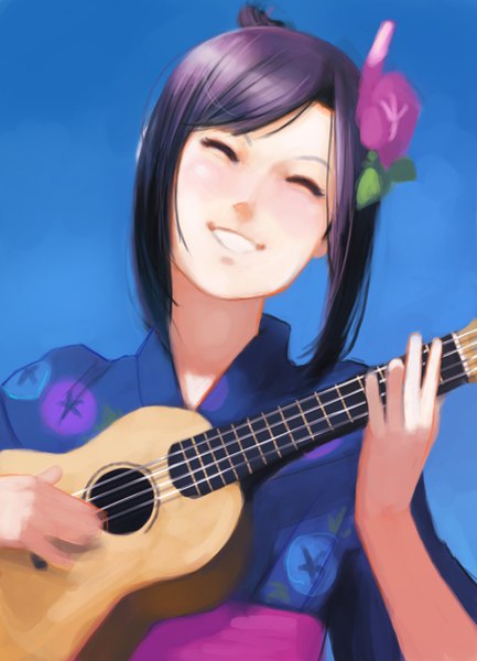 Anime picture 700x969 with summer wars madhouse shinohara natsuki ataruman single long hair tall image blush black hair smile holding purple hair eyes closed traditional clothes japanese clothes hair flower blurry alternate hairstyle playing instrument girl