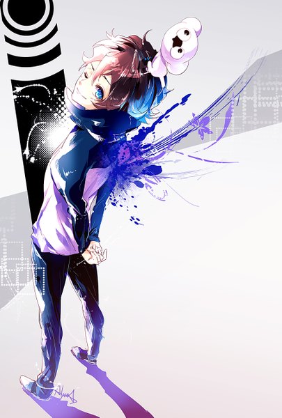 Anime picture 900x1331 with kekkai sensen studio bones leonardo watch sonic speed monkey alyssa single tall image looking at viewer short hair blue eyes simple background smile brown hair standing signed ahoge head tilt one eye closed from above wink