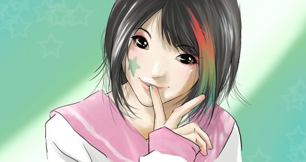Anime picture 2024x1078 with original angela vianello single looking at viewer blush highres short hair black hair wide image red hair nail polish multicolored hair green hair light smile black eyes two-tone hair finger to mouth face eyeshadow face paint