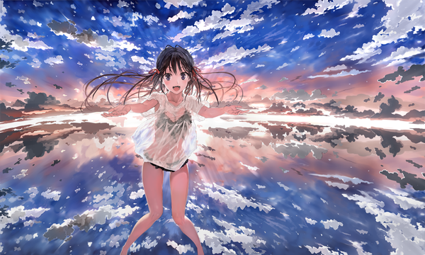 Anime picture 1000x600 with original bob (biyonbiyon) single long hair looking at viewer fringe breasts open mouth light erotic black hair wide image purple eyes sky cloud (clouds) :d sunlight bare legs thigh gap floating hair outstretched arm