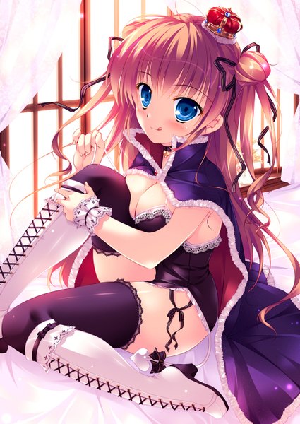 Anime picture 1000x1411 with original mikeou long hair tall image looking at viewer blush breasts blue eyes light erotic orange hair :p girl thighhighs ribbon (ribbons) black thighhighs hair ribbon boots crown