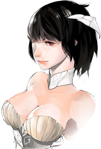 Anime picture 1548x2272 with original laio single tall image fringe short hair breasts light erotic black hair simple background red eyes large breasts white background bare shoulders mole mole under eye girl choker
