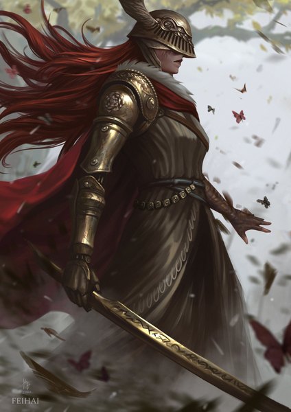 Anime picture 2480x3508 with elden ring malenia blade of miquella fei hai single long hair tall image highres standing holding signed looking away red hair wind 2022 girl weapon insect butterfly cape helmet