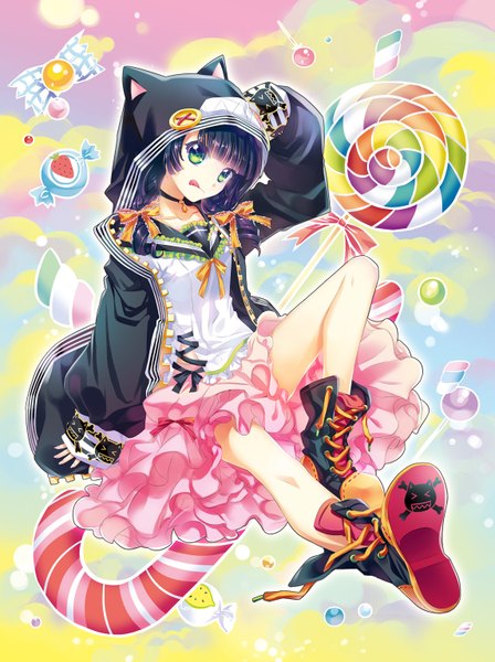 Anime picture 1146x1535 with original cu-rim single long hair tall image looking at viewer sitting green eyes purple hair :p girl ribbon (ribbons) hair ribbon shoes tongue candy lollipop
