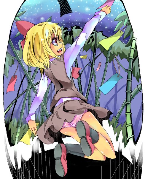 Anime picture 894x1098 with touhou rumia nmknf (mkn) single tall image short hair open mouth light erotic blonde hair red eyes profile pantyshot outstretched arm looking up jumping tanabata girl underwear panties bow