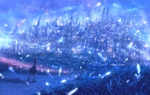 Anime picture 1650x1050 with original bounin single long hair blue hair full body ahoge wind sleeveless city low ponytail cityscape walking glow city lights girl dress plant (plants) star (stars) grass