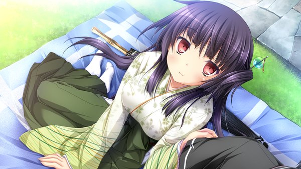 Anime picture 1280x720 with chrono clock sawatari michiru koku long hair looking at viewer blush black hair red eyes wide image game cg traditional clothes japanese clothes girl