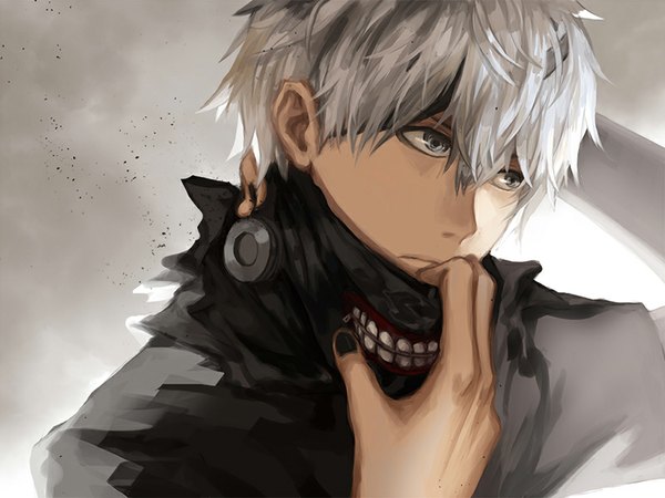 Anime picture 800x600 with tokyo ghoul studio pierrot kaneki ken kahmurio single fringe short hair looking away nail polish fingernails lips grey hair grey eyes black nail polish boy mask