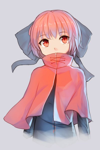Anime picture 853x1280 with touhou sekibanki shone single tall image fringe short hair simple background red eyes looking away red hair grey background :o girl bow hair bow cape
