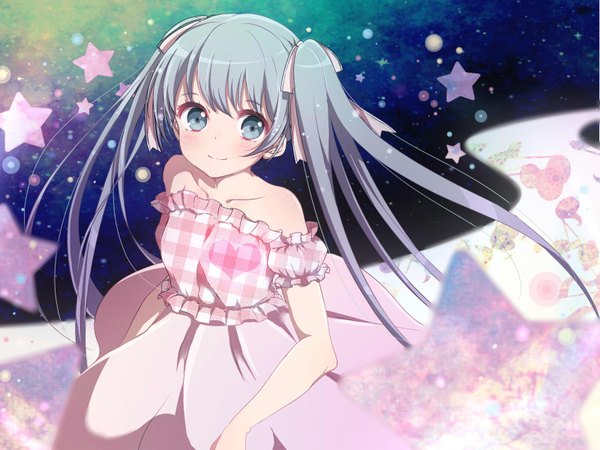 Anime picture 1600x1200 with vocaloid hatsune miku fuu (07199382) single long hair looking at viewer blush fringe blue eyes smile twintails bare shoulders blue hair plaid heart print girl dress ribbon (ribbons) hair ribbon frills