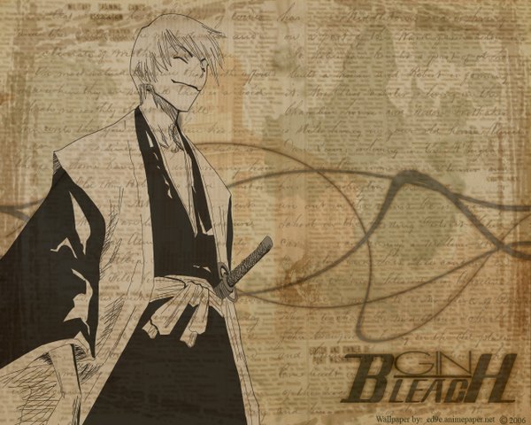 Anime picture 1280x1024 with bleach studio pierrot ichimaru gin ed9e single short hair smile signed full body eyes closed traditional clothes japanese clothes wide sleeves copyright name character names third-party edit boy weapon sword katana