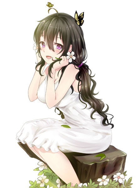 Anime picture 614x823 with original miyaura sanshio beifeng han single long hair tall image looking at viewer blush breasts open mouth black hair simple background hair between eyes large breasts white background sitting twintails ahoge sleeveless low twintails