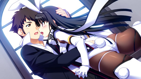 Anime picture 1024x576 with makai tenshi djibril ayanokouji aoi long hair short hair open mouth light erotic black hair wide image brown eyes game cg pink eyes bunny ears girl boy