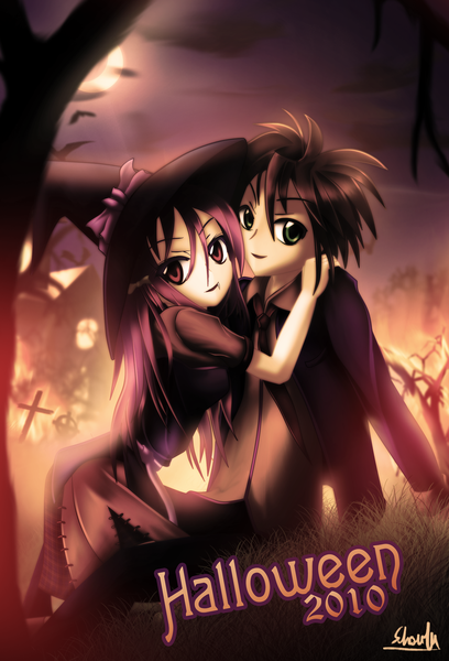 Anime picture 1837x2698 with tall image highres red eyes brown hair green eyes purple hair night couple halloween witch girl boy witch hat