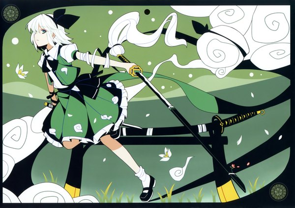 Anime picture 4660x3294 with touhou konpaku youmu ideolo single highres short hair green eyes absurdres white hair unsheathing girl skirt flower (flowers) bow hair bow petals sword katana bandage (bandages) vest