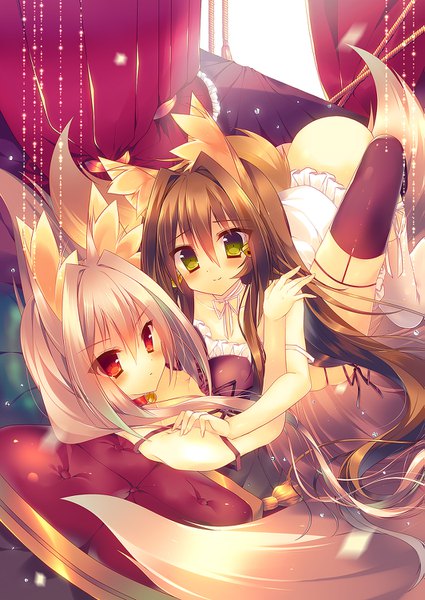 Anime picture 1063x1500 with original monaka natsume tall image looking at viewer blush fringe light erotic hair between eyes red eyes brown hair bare shoulders multiple girls green eyes animal ears silver hair ass tail lying very long hair animal tail