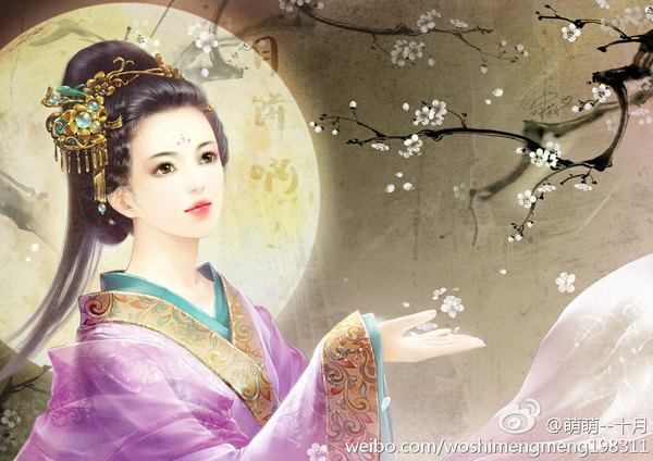 Anime picture 1044x738 with woshimeng single long hair black hair brown eyes signed traditional clothes japanese clothes lips cherry blossoms hieroglyph face paint girl hair ornament flower (flowers) plant (plants) petals tree (trees) kimono moon