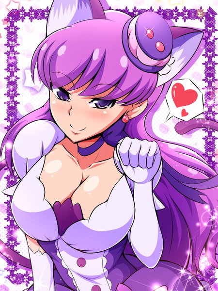 Anime picture 1200x1600 with precure kirakira precure a la mode toei animation cure macaron aokura shou single long hair tall image looking at viewer blush breasts light erotic smile large breasts purple eyes animal ears cleavage purple hair sparkle paw pose