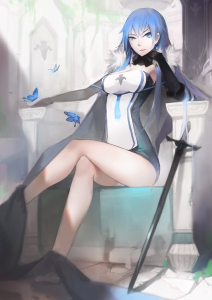 Anime picture 1060x1500 with original pixiv fantasia pixiv fantasia t nero (nilu) single long hair tall image looking at viewer breasts blue eyes light erotic sitting blue hair bent knee (knees) sunlight crossed legs girl dress gloves weapon