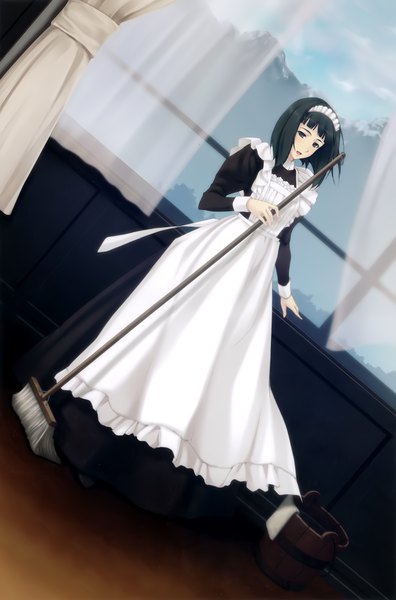 Anime picture 2644x4000 with caucasus hiyama akane sugina miki single tall image looking at viewer blush fringe highres short hair open mouth black hair holding full body blunt bangs black eyes scan official art maid girl