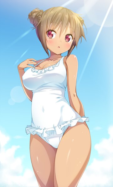 Anime picture 603x1000 with original ichi makoto single tall image looking at viewer blush short hair light erotic red eyes brown hair sky cloud (clouds) girl swimsuit one-piece swimsuit