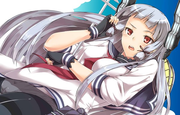 Anime picture 1930x1240 with kantai collection murakumo destroyer neropaso single long hair looking at viewer highres open mouth light erotic red eyes grey hair dutch angle adjusting hair cameltoe tress ribbon girl gloves underwear panties ribbon (ribbons)