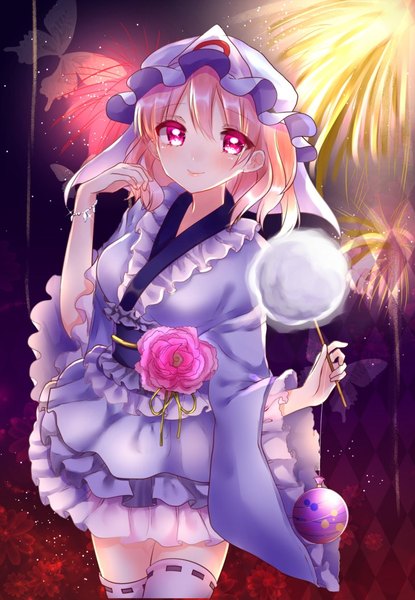 Anime picture 730x1054 with touhou saigyouji yuyuko shanghai bisu single tall image blush fringe short hair breasts smile hair between eyes large breasts standing holding pink hair blunt bangs traditional clothes japanese clothes pink eyes arm up