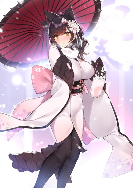 Anime picture 1000x1412 with azur lane atago (azur lane) atago (features of winter) (azur lane) yaman (yamanta lov) single long hair tall image blush fringe breasts light erotic black hair large breasts standing holding yellow eyes looking away long sleeves traditional clothes japanese clothes