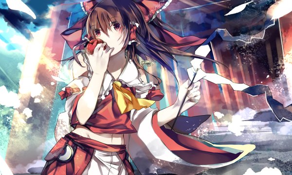 Anime picture 1500x900 with touhou hakurei reimu saden (magumo) long hair red eyes brown hair wide image traditional clothes miko girl skirt bow hair bow detached sleeves skirt set fruit apple torii gohei