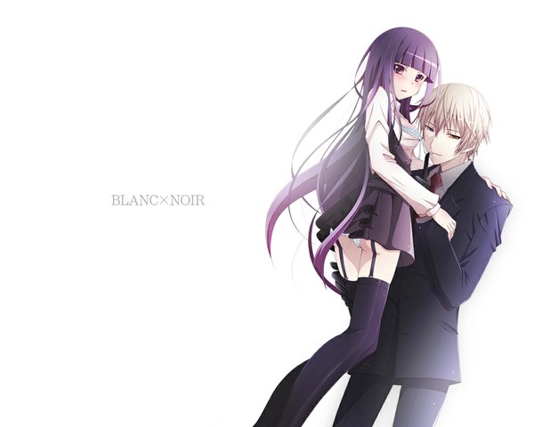 Anime picture 1000x800 with inu x boku ss david production shirakiin ririchiyo miketsukami soushi mie long hair looking at viewer blush fringe short hair simple background white background purple eyes looking away silver hair purple hair light smile hug heterochromia finger to mouth