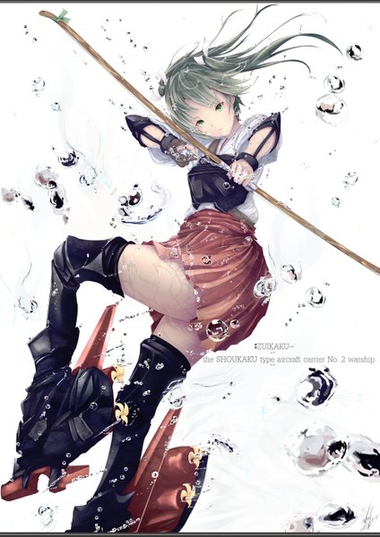Anime picture 1000x1414 with kantai collection zuikaku aircraft carrier marumoru single long hair tall image looking at viewer white background green eyes ponytail green hair girl skirt weapon thigh boots bubble (bubbles) bow (weapon)