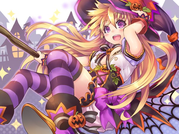 Anime picture 1200x900 with original kobanzame single long hair looking at viewer blush open mouth blonde hair purple eyes bent knee (knees) halloween witch girl thighhighs hat wrist cuffs witch hat striped thighhighs corset broom
