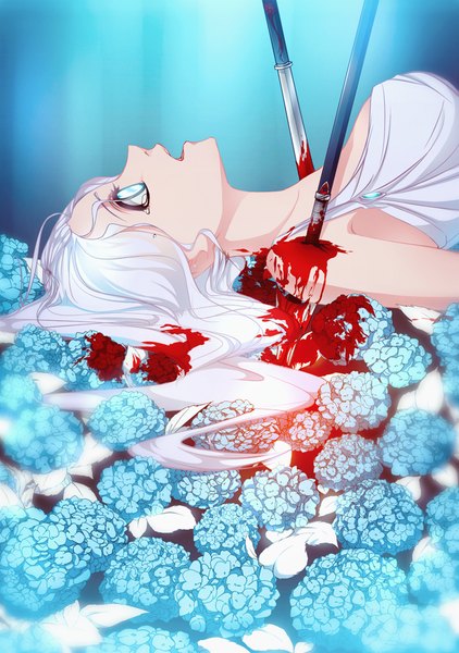 Anime picture 704x1000 with fairy tail mirajane strauss kristallin-f (artist) single long hair tall image open mouth blue eyes white hair lying profile pain girl dress flower (flowers) weapon sword white dress katana blood