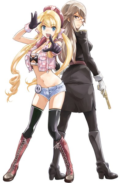 Anime picture 785x1200 with heavy object j.c. staff monica (heavy object) charlotte zoom saitou sakae long hair tall image looking at viewer fringe breasts open mouth blue eyes light erotic simple background blonde hair brown hair large breasts standing white background twintails